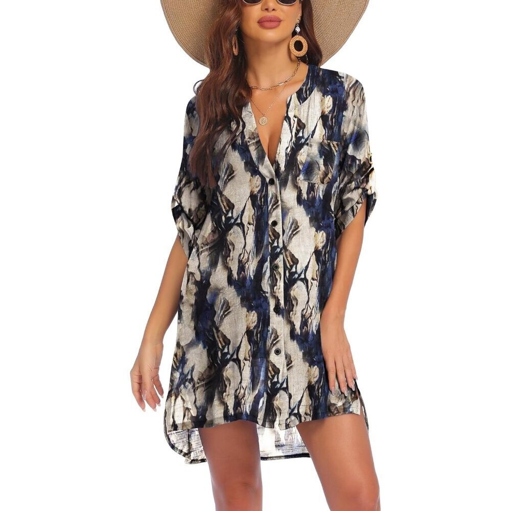 Women Colorful Tie Dye 100% Polyester V-Neck Button Down Bathing Swimsuit Shirt
